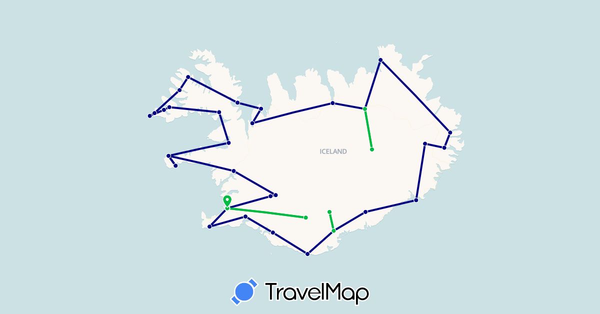 TravelMap itinerary: driving, bus, hiking in Iceland (Europe)